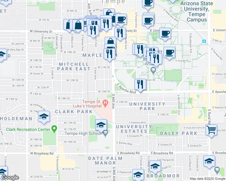 map of restaurants, bars, coffee shops, grocery stores, and more near 1295 South Mill Avenue in Tempe