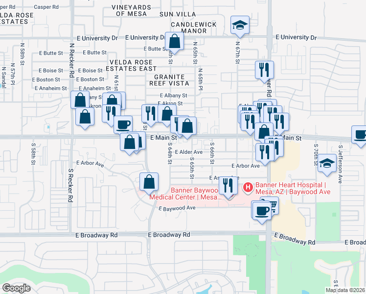 map of restaurants, bars, coffee shops, grocery stores, and more near 6453 East Main Street in Mesa