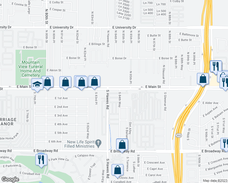 map of restaurants, bars, coffee shops, grocery stores, and more near 8350 East Main Street in Mesa