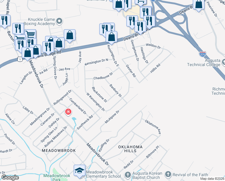 map of restaurants, bars, coffee shops, grocery stores, and more near 3403 Blackstone Street in Augusta