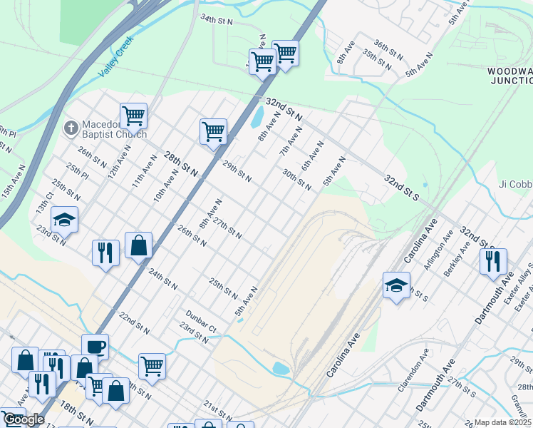 map of restaurants, bars, coffee shops, grocery stores, and more near 2817 6th Court North in Bessemer