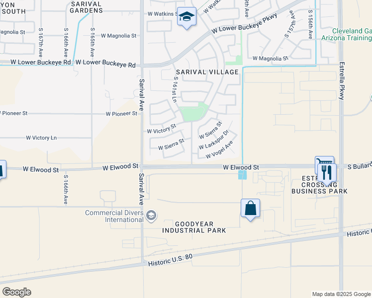 map of restaurants, bars, coffee shops, grocery stores, and more near 3463 South 162nd Avenue in Goodyear