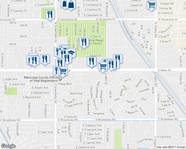 map of restaurants, bars, coffee shops, grocery stores, and more near 4711 East Main Street in Mesa