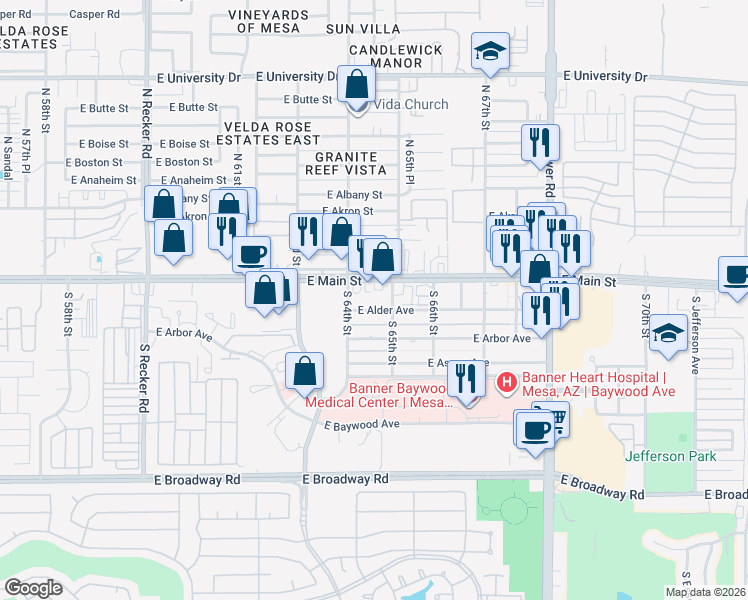 map of restaurants, bars, coffee shops, grocery stores, and more near 6434 East Alder Avenue in Mesa