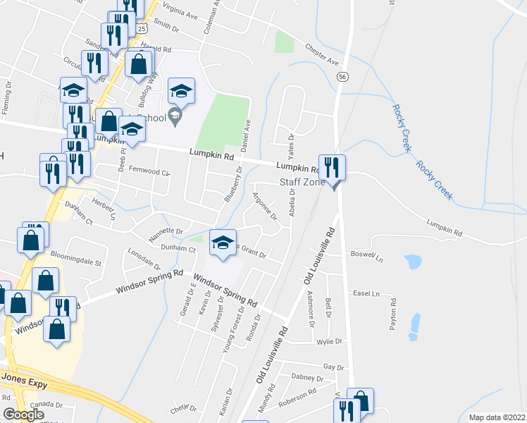map of restaurants, bars, coffee shops, grocery stores, and more near 2520 Argonne Drive in Augusta