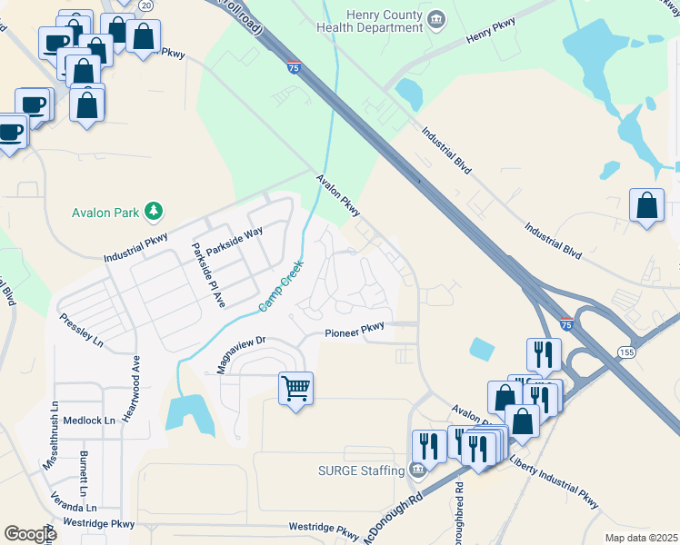 map of restaurants, bars, coffee shops, grocery stores, and more near 2014 Avalon Parkway in McDonough