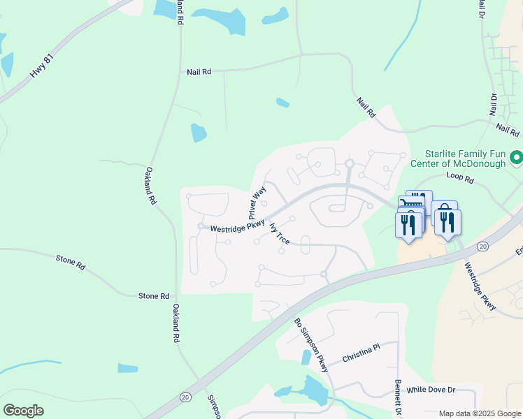 map of restaurants, bars, coffee shops, grocery stores, and more near 1204 Ilex Court in McDonough