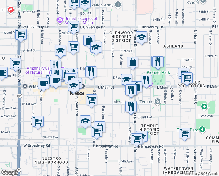 map of restaurants, bars, coffee shops, grocery stores, and more near 8 North Hibbert in Mesa