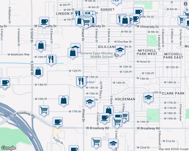 map of restaurants, bars, coffee shops, grocery stores, and more near 1254 West 12th Place in Tempe