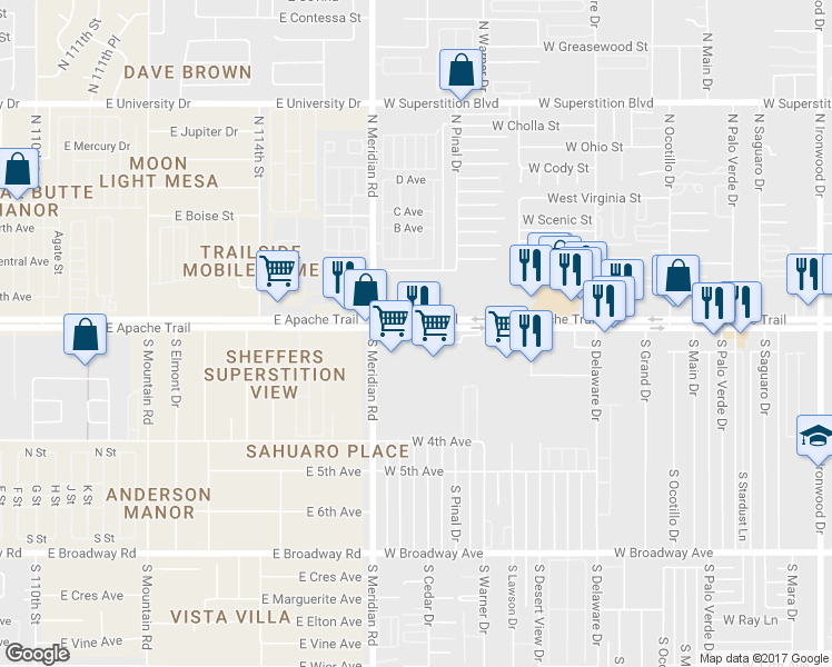 map of restaurants, bars, coffee shops, grocery stores, and more near 3160 West Apache Trail in Apache Junction