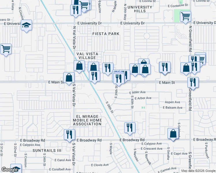 map of restaurants, bars, coffee shops, grocery stores, and more near 3841 East Main Street in Mesa