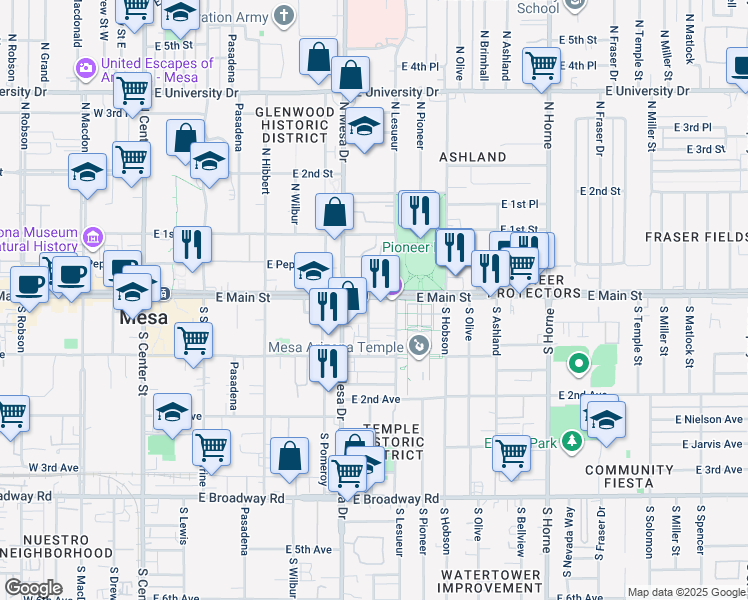map of restaurants, bars, coffee shops, grocery stores, and more near in Mesa