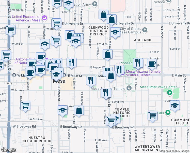 map of restaurants, bars, coffee shops, grocery stores, and more near in Mesa