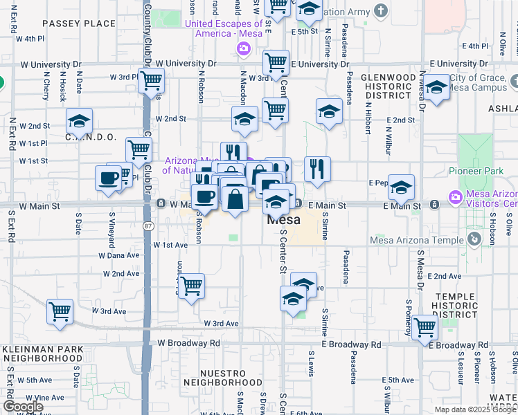 map of restaurants, bars, coffee shops, grocery stores, and more near 30 West Main Street in Mesa