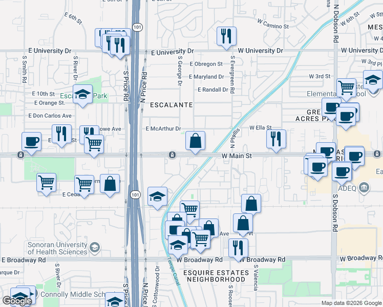 map of restaurants, bars, coffee shops, grocery stores, and more near 2422 Apache Boulevard in Tempe