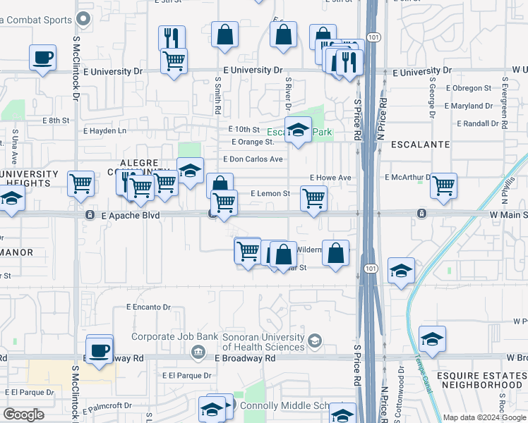 map of restaurants, bars, coffee shops, grocery stores, and more near 2087 East Lemon Street in Tempe
