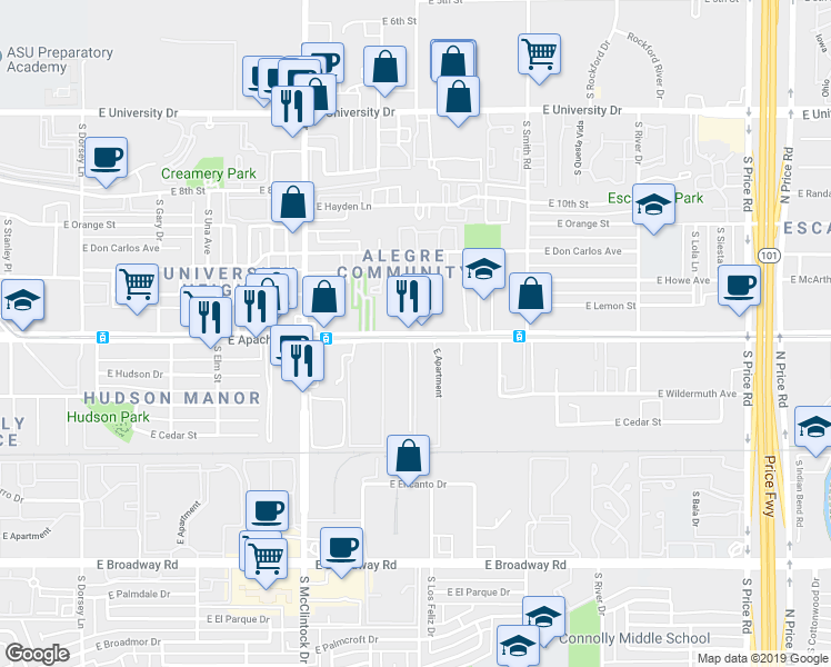 map of restaurants, bars, coffee shops, grocery stores, and more near 1900 East Apache Boulevard in Tempe