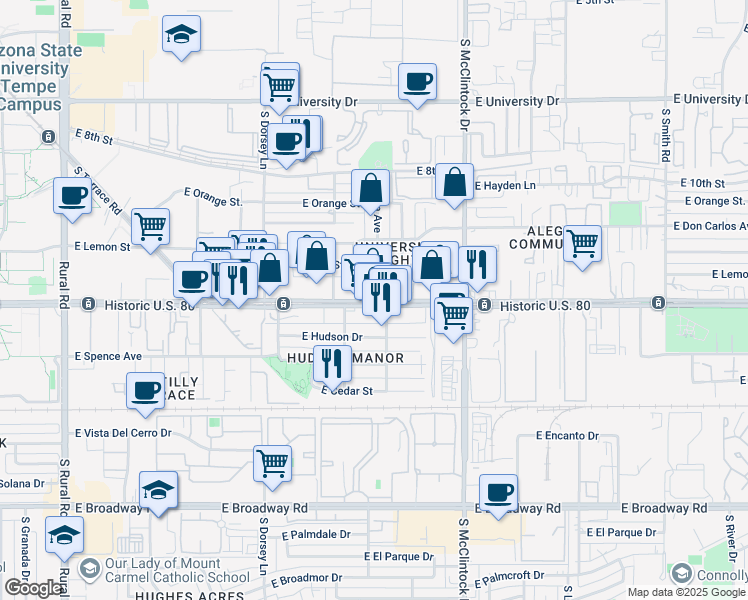 map of restaurants, bars, coffee shops, grocery stores, and more near 1450 East Apache Boulevard in Tempe