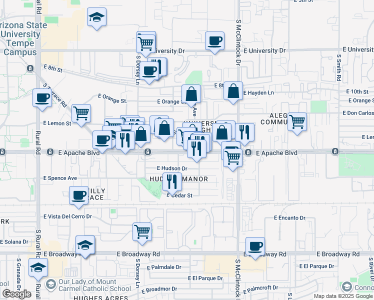 map of restaurants, bars, coffee shops, grocery stores, and more near 1450 East Apache Boulevard in Tempe