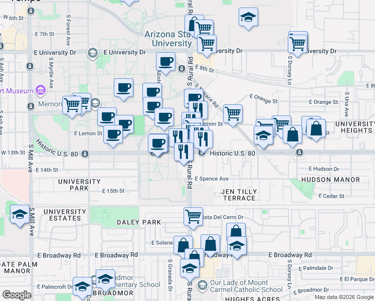 map of restaurants, bars, coffee shops, grocery stores, and more near 1234-1298 South Rural Road in Tempe