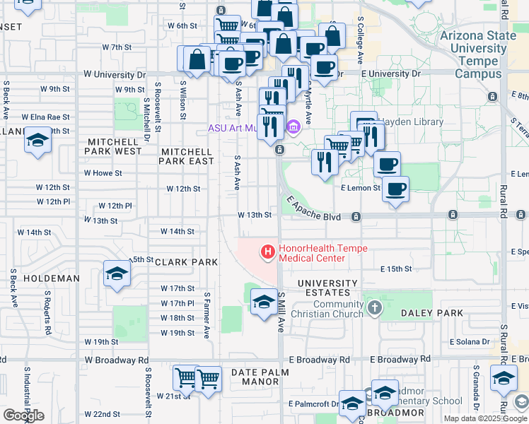 map of restaurants, bars, coffee shops, grocery stores, and more near 1212 South Mill Avenue in Tempe