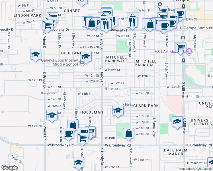 map of restaurants, bars, coffee shops, grocery stores, and more near 738 West 12th Place in Tempe