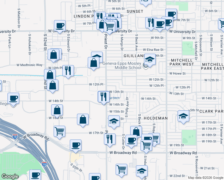 map of restaurants, bars, coffee shops, grocery stores, and more near 1354 West 12th Place in Tempe