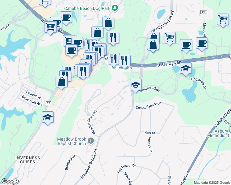 map of restaurants, bars, coffee shops, grocery stores, and more near 700 Corporate Ridge Road in Birmingham