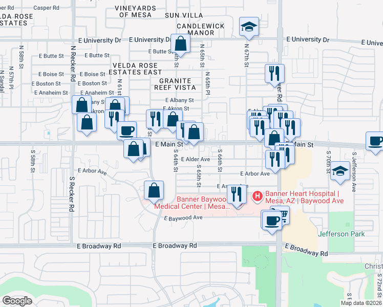 map of restaurants, bars, coffee shops, grocery stores, and more near 6440 East Alder Avenue in Mesa