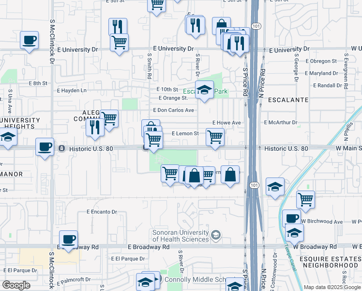 map of restaurants, bars, coffee shops, grocery stores, and more near 2058 East Apache Boulevard in Tempe