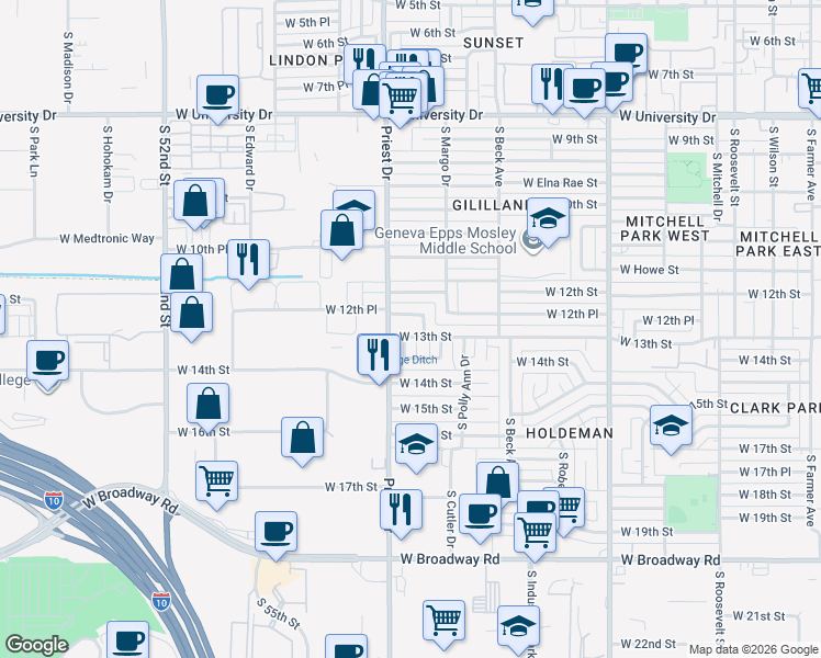map of restaurants, bars, coffee shops, grocery stores, and more near 1354 West 12th Place in Tempe