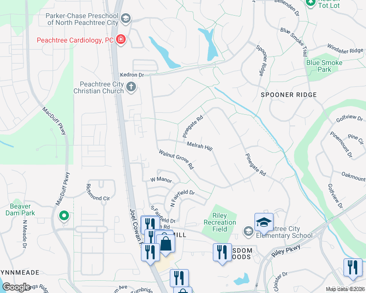 map of restaurants, bars, coffee shops, grocery stores, and more near 210 Melrah Hill in Peachtree City
