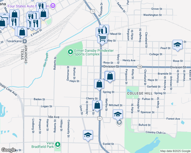 map of restaurants, bars, coffee shops, grocery stores, and more near Bramble St in Texarkana