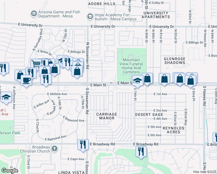 map of restaurants, bars, coffee shops, grocery stores, and more near 7807 East Main Street in Mesa