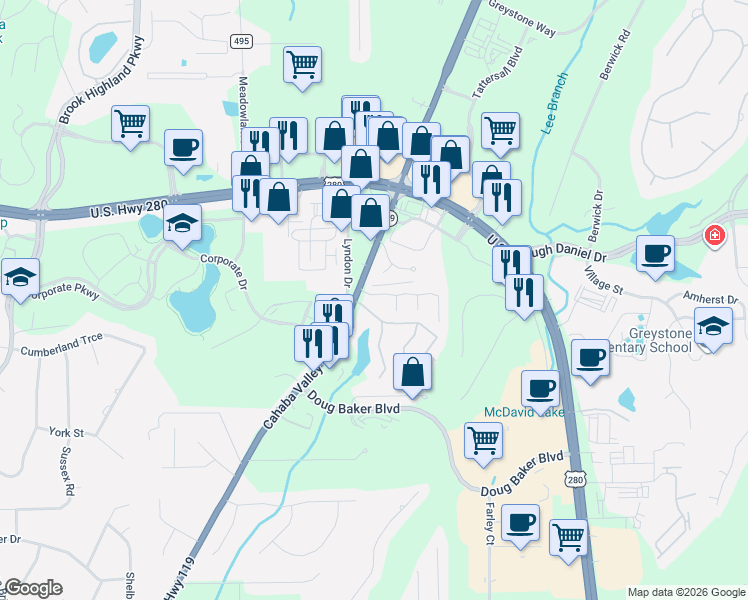 map of restaurants, bars, coffee shops, grocery stores, and more near 111 Old Brook Place in Birmingham