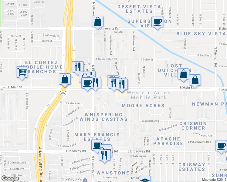 map of restaurants, bars, coffee shops, grocery stores, and more near 9330 East Main Street in Mesa