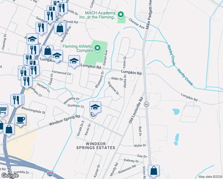 map of restaurants, bars, coffee shops, grocery stores, and more near 2521 Argonne Circle in Augusta