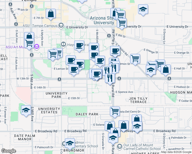 map of restaurants, bars, coffee shops, grocery stores, and more near Paseo del Saber in Tempe
