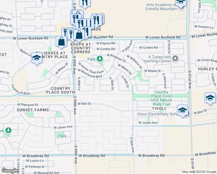 map of restaurants, bars, coffee shops, grocery stores, and more near 9708 West Riverside Avenue in Tolleson