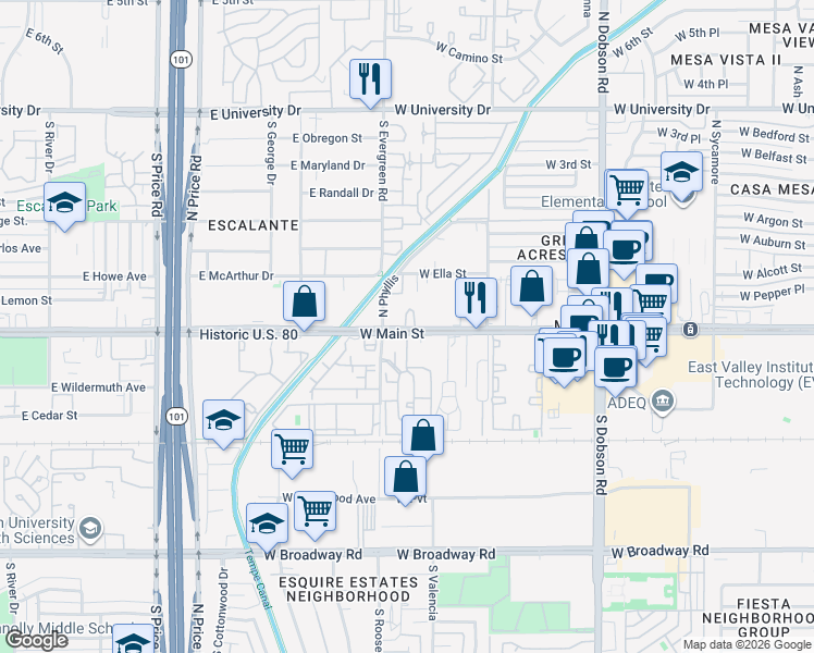 map of restaurants, bars, coffee shops, grocery stores, and more near 2330 West Main Street in Mesa