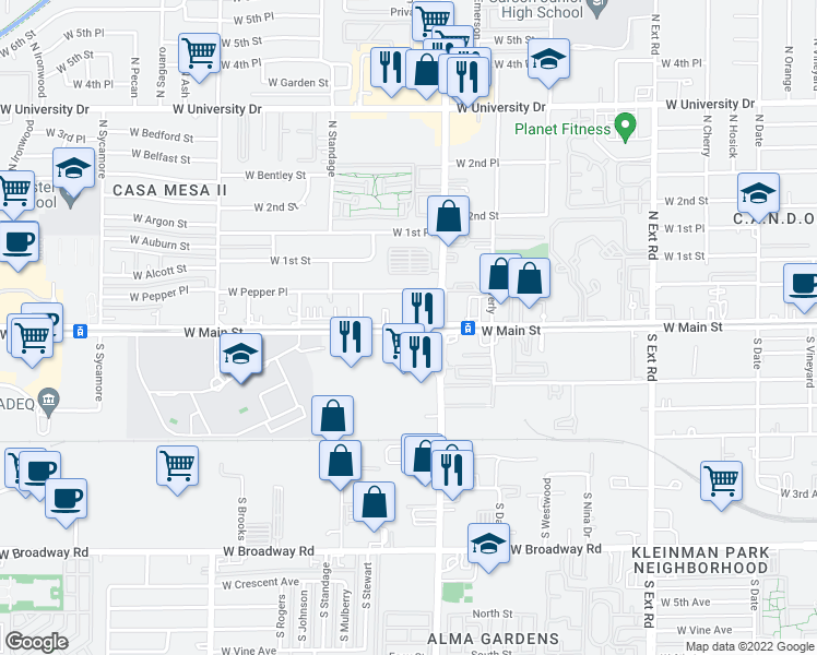 map of restaurants, bars, coffee shops, grocery stores, and more near West Main Street in Mesa
