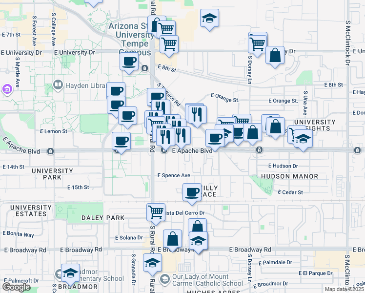 map of restaurants, bars, coffee shops, grocery stores, and more near 1020 Apache Boulevard in Tempe