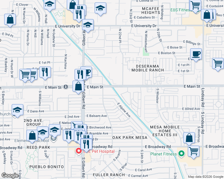 map of restaurants, bars, coffee shops, grocery stores, and more near 2165 Consolidated in Mesa