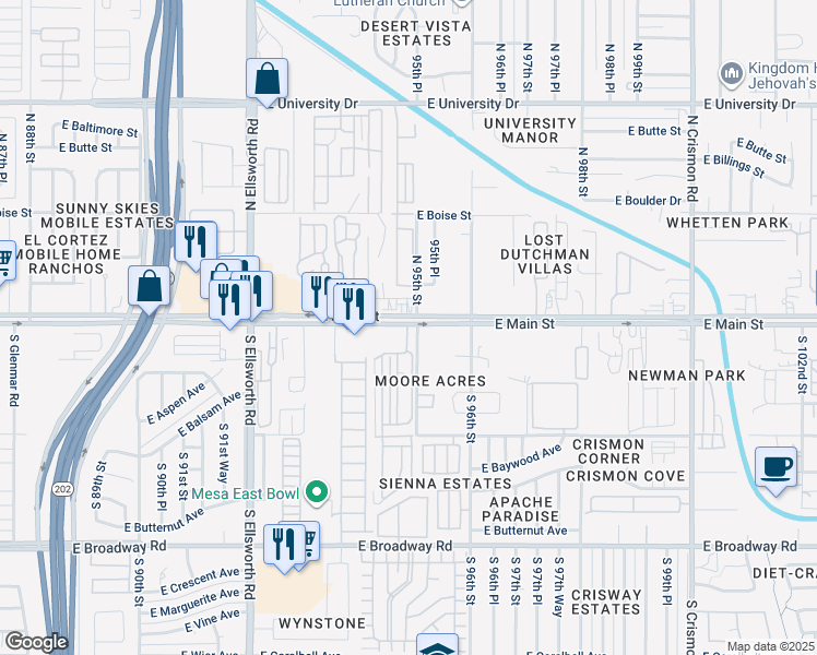 map of restaurants, bars, coffee shops, grocery stores, and more near 9452 East Apache Trail in Mesa