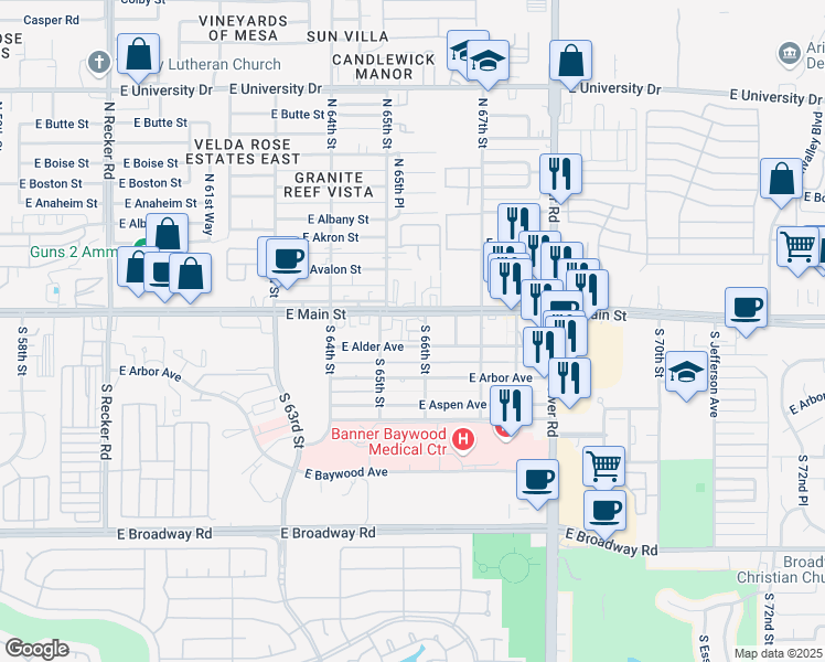map of restaurants, bars, coffee shops, grocery stores, and more near 6547 East Main Street in Mesa