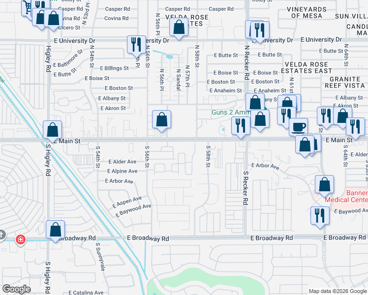 map of restaurants, bars, coffee shops, grocery stores, and more near 5722 East Ansel Avenue in Mesa