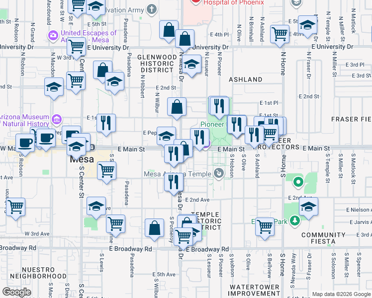 map of restaurants, bars, coffee shops, grocery stores, and more near in Mesa