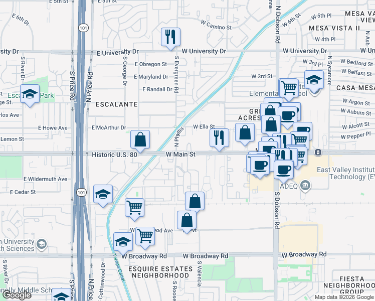 map of restaurants, bars, coffee shops, grocery stores, and more near 2330 West Main Street in Mesa