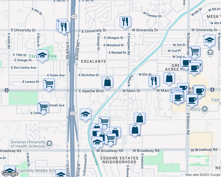 map of restaurants, bars, coffee shops, grocery stores, and more near 2444 East Apache Boulevard in Tempe