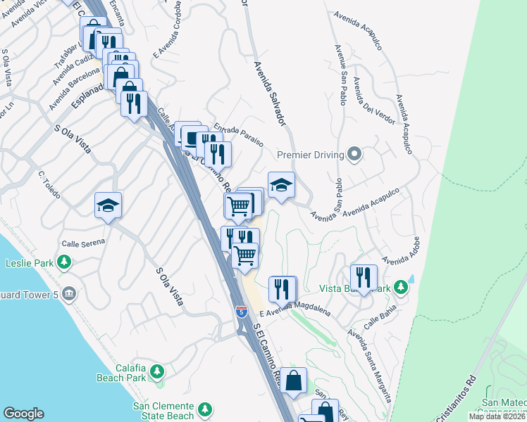 map of restaurants, bars, coffee shops, grocery stores, and more near 106 Avenida San Pablo in San Clemente